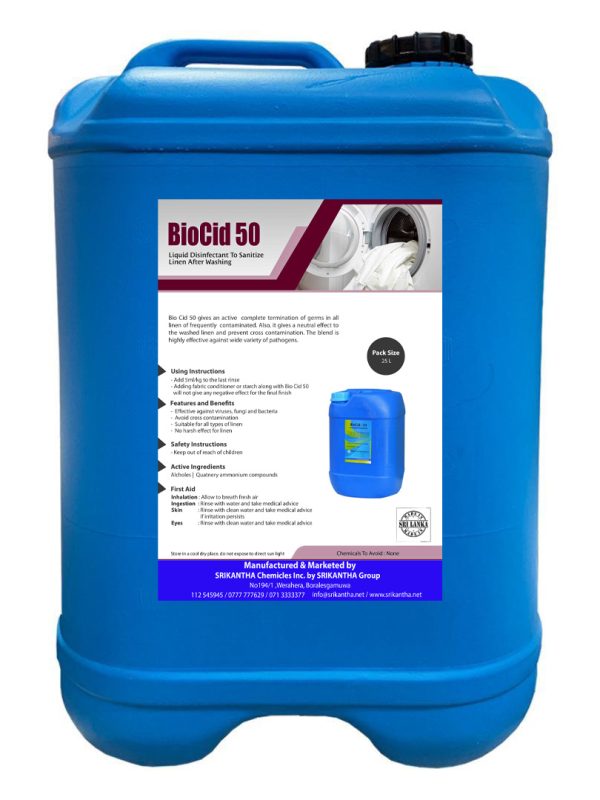 Features & Benefits Effective against viruses, fungi and bacteria Avoid cross contamination Suitable for all types of linen No harsh effect for linen Active Ingredients Alcohols Quatnery Ammonium Compounds First Aid Inhalation: Allow to breath fresh air. Ingestion: Rinse with water and take medical advice. Skin: Rinse with clean water and take medical advice if irritation persists. Eyes: Rinse with clean water and take medical advice. Packaging 25L